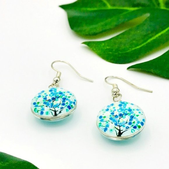 Tree Dangle Earrings Blue and Green Leaves - Picture 2 of 7
